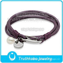 Fashion Magnetic Clap Watch Genuine Leather Bracelet Stainless Steel Leather Bracelet White Pearl Purple Bangle